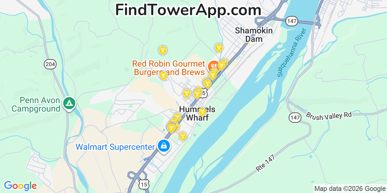 Map showing the 20 primary cell tower locations detected in Hummels Wharf, Pennsylvania from AT&T, Verizon, and T-Mobile networks