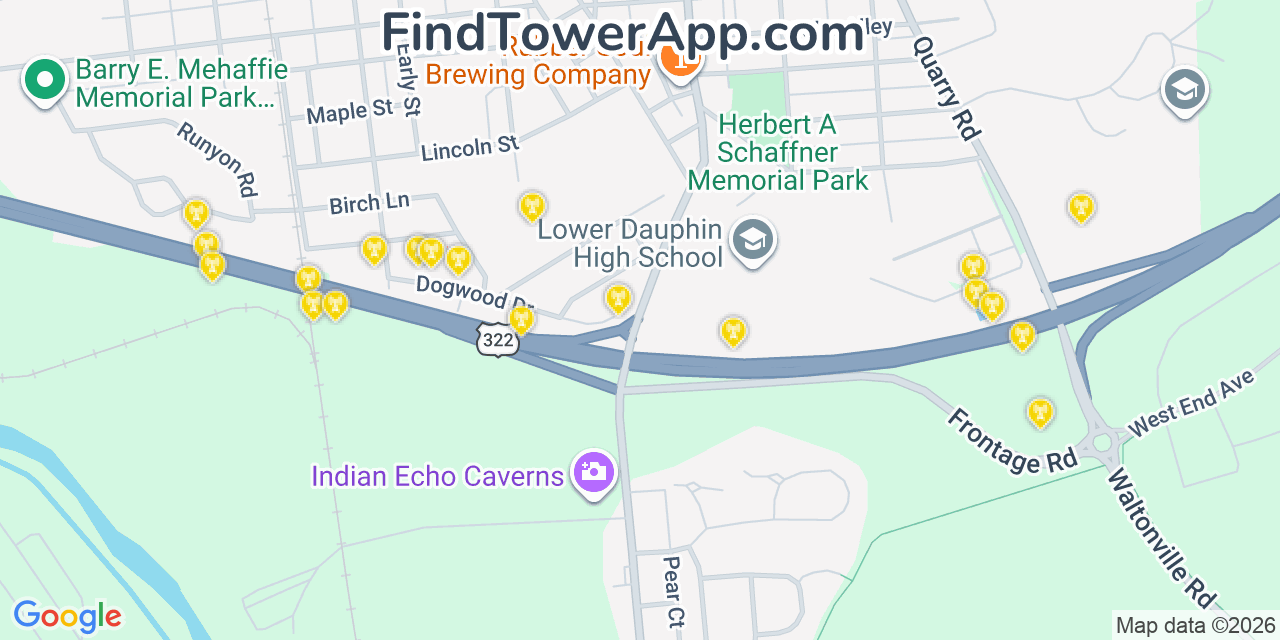 Map showing the 20 primary cell tower locations detected in Hummelstown, Pennsylvania from AT&T, Verizon, and T-Mobile networks