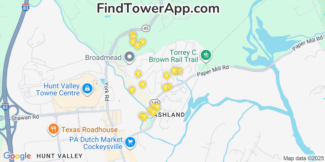 Map showing the 20 primary cell tower locations detected in Hunt Valley, Maryland from AT&T, Verizon, and T-Mobile networks