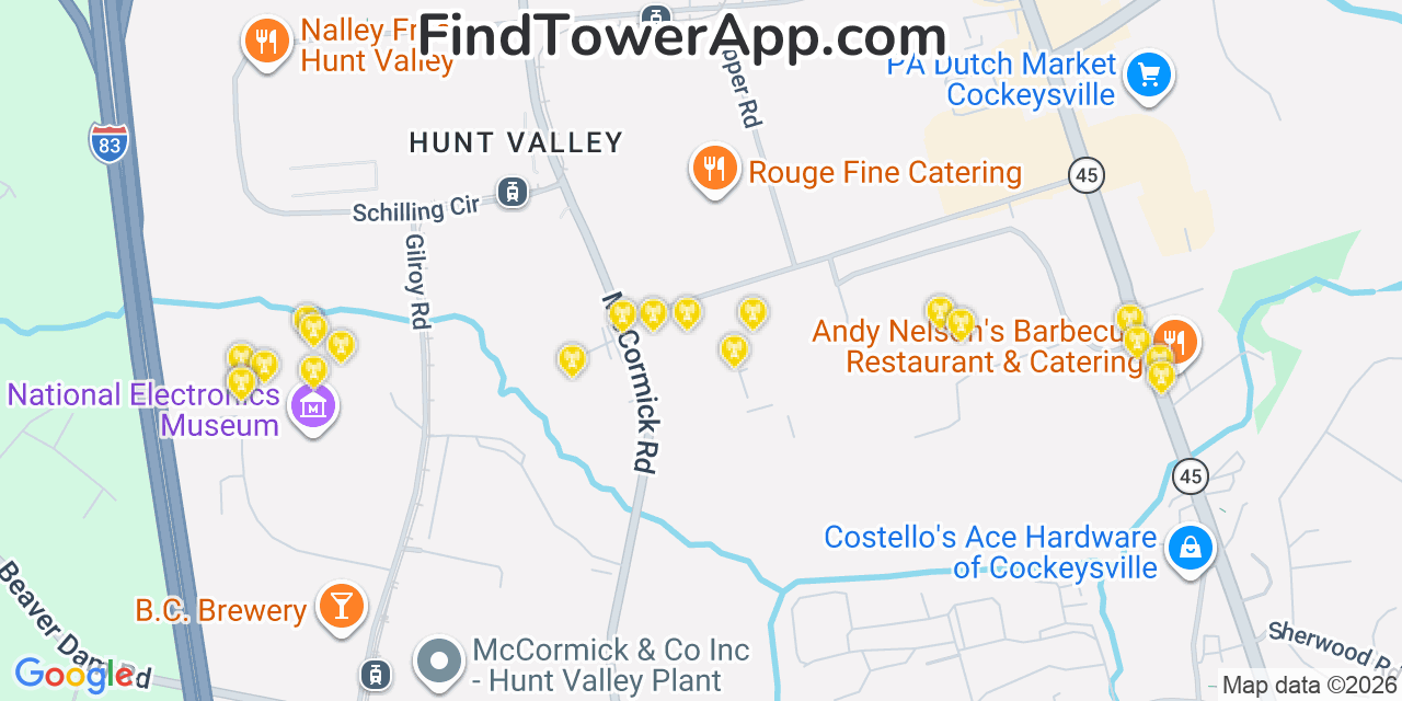 Map showing the 20 primary cell tower locations detected in Hunt Valley, Maryland from AT&T, Verizon, and T-Mobile networks