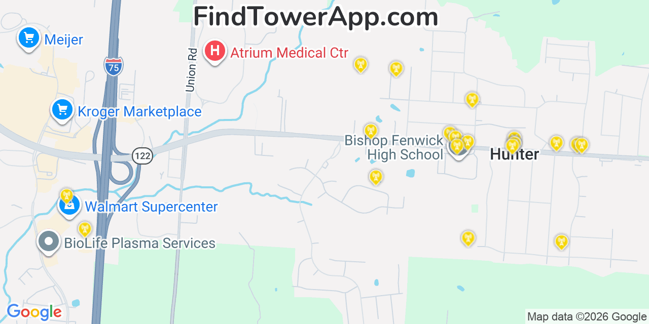 Map showing the 20 primary cell tower locations detected in Hunter, Ohio from AT&T, Verizon, and T-Mobile networks