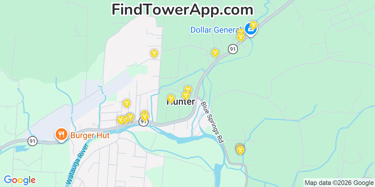 Map showing the 20 primary cell tower locations detected in Hunter, Tennessee from AT&T, Verizon, and T-Mobile networks
