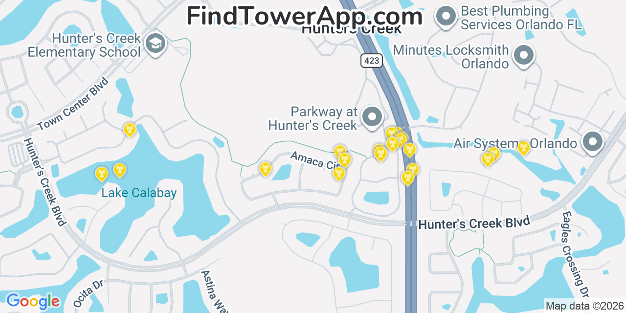 Map showing the 20 primary cell tower locations detected in Hunters Creek, Florida from AT&T, Verizon, and T-Mobile networks