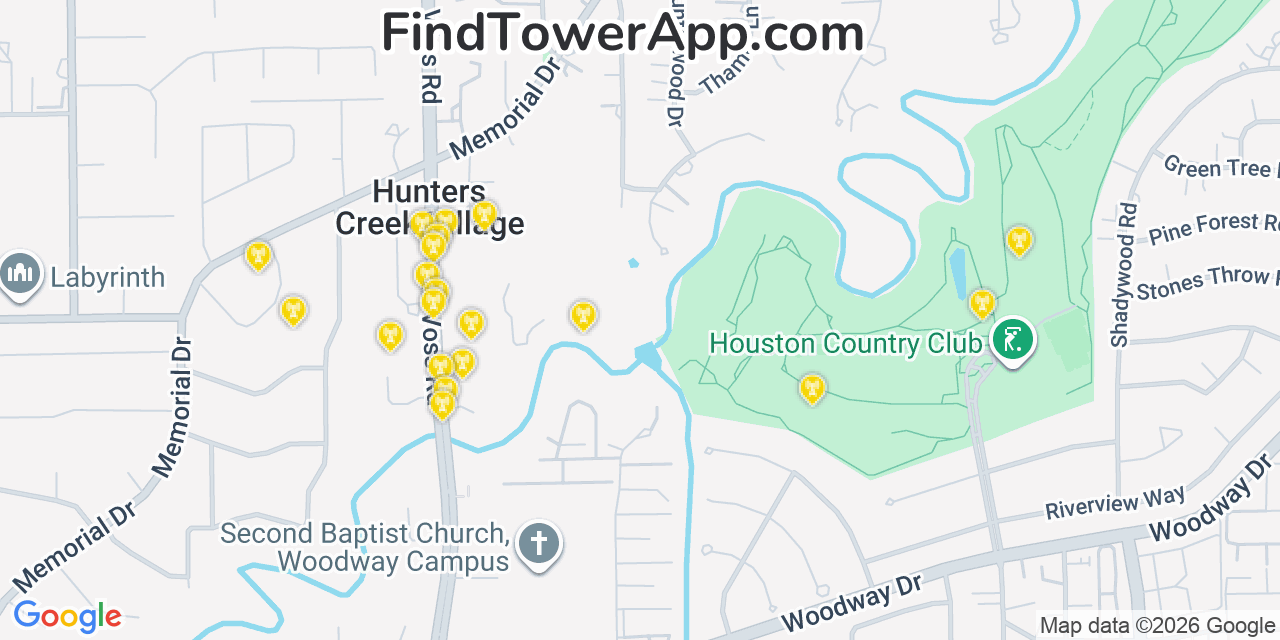 Map showing the 20 primary cell tower locations detected in Hunters Creek Village, Texas from AT&T, Verizon, and T-Mobile networks