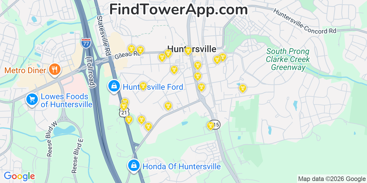 Map showing the 20 primary cell tower locations detected in Huntersville, North Carolina from AT&T, Verizon, and T-Mobile networks