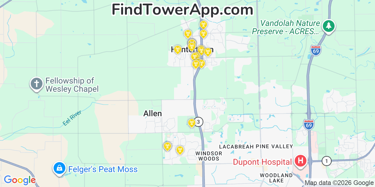 Map showing the 20 primary cell tower locations detected in Huntertown, Indiana from AT&T, Verizon, and T-Mobile networks