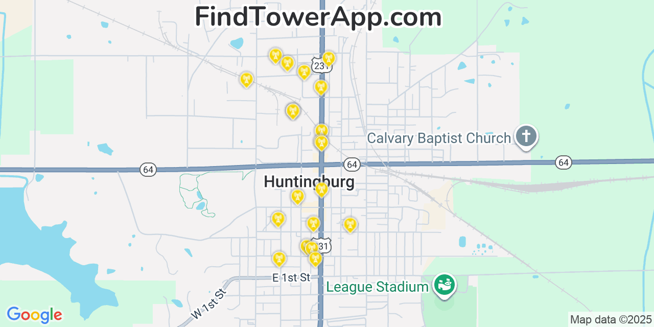 Map showing the 20 primary cell tower locations detected in Huntingburg, Indiana from AT&T, Verizon, and T-Mobile networks
