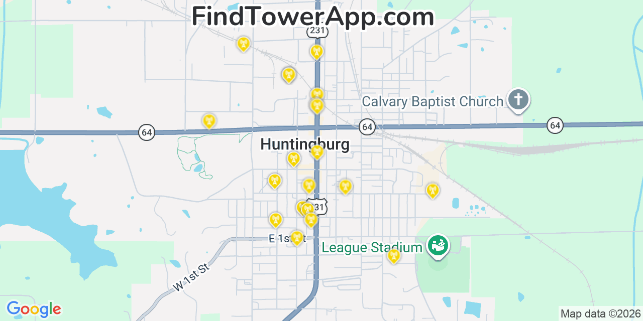 Map showing the 20 primary cell tower locations detected in Huntingburg, Indiana from AT&T, Verizon, and T-Mobile networks