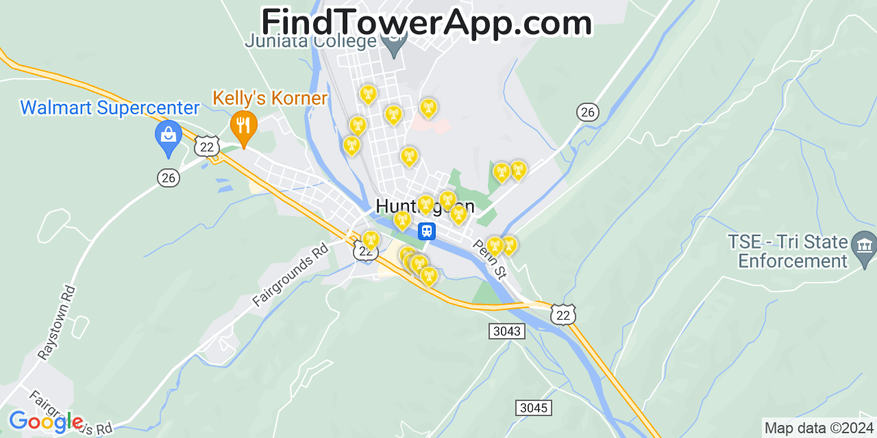 AT&T 4G/5G cell tower coverage map Huntingdon, Pennsylvania