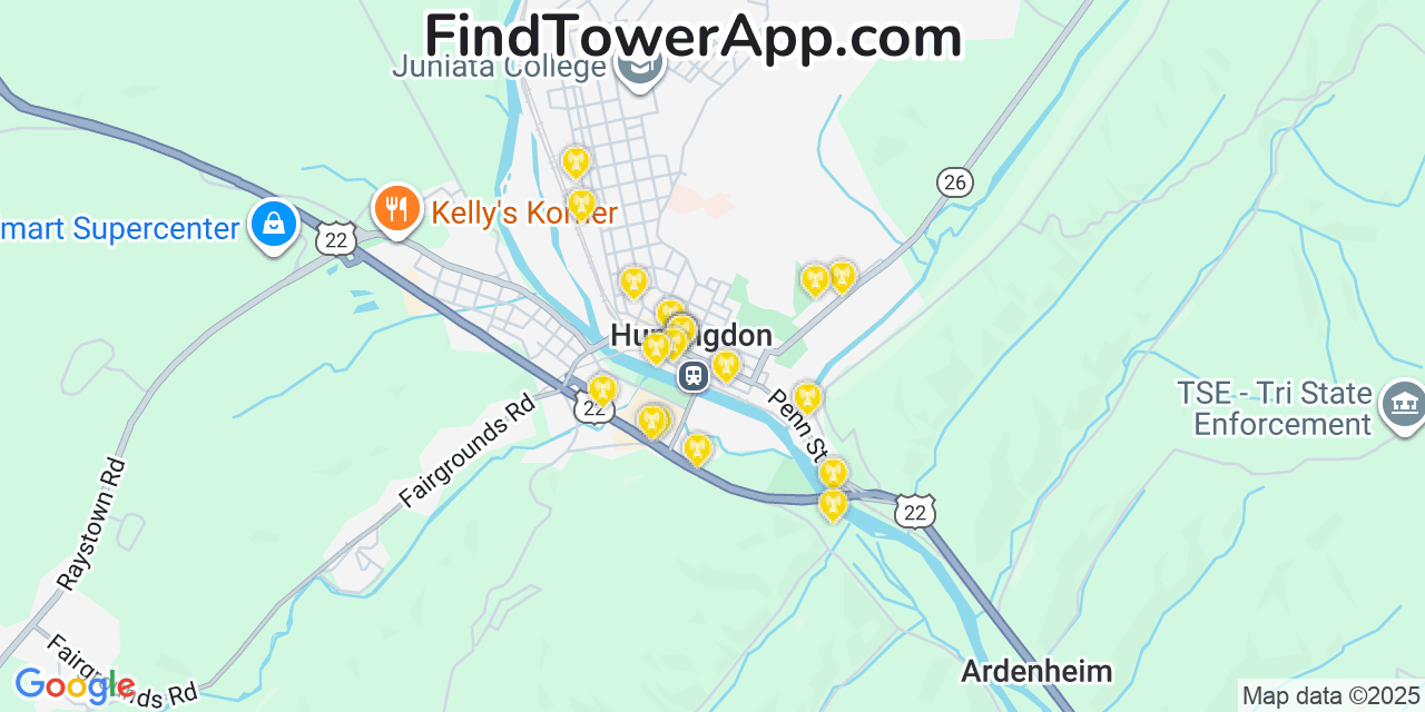 Map showing the 20 primary cell tower locations detected in Huntingdon, Pennsylvania from AT&T, Verizon, and T-Mobile networks