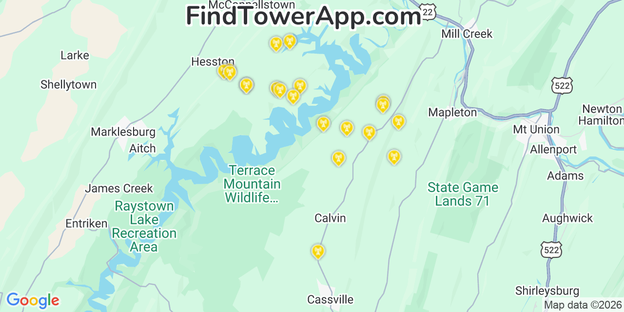 Map showing the 20 primary cell tower locations detected in Huntingdon, Pennsylvania from AT&T, Verizon, and T-Mobile networks