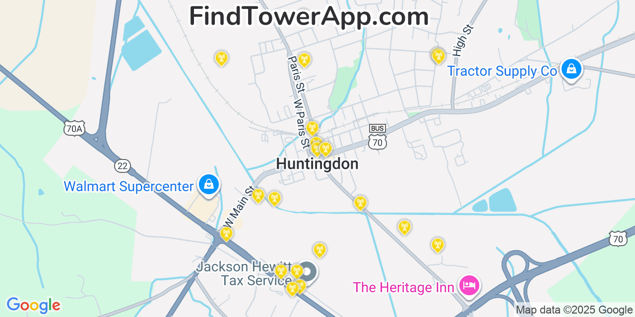 Map showing the 20 primary cell tower locations detected in Huntingdon, Tennessee from AT&T, Verizon, and T-Mobile networks