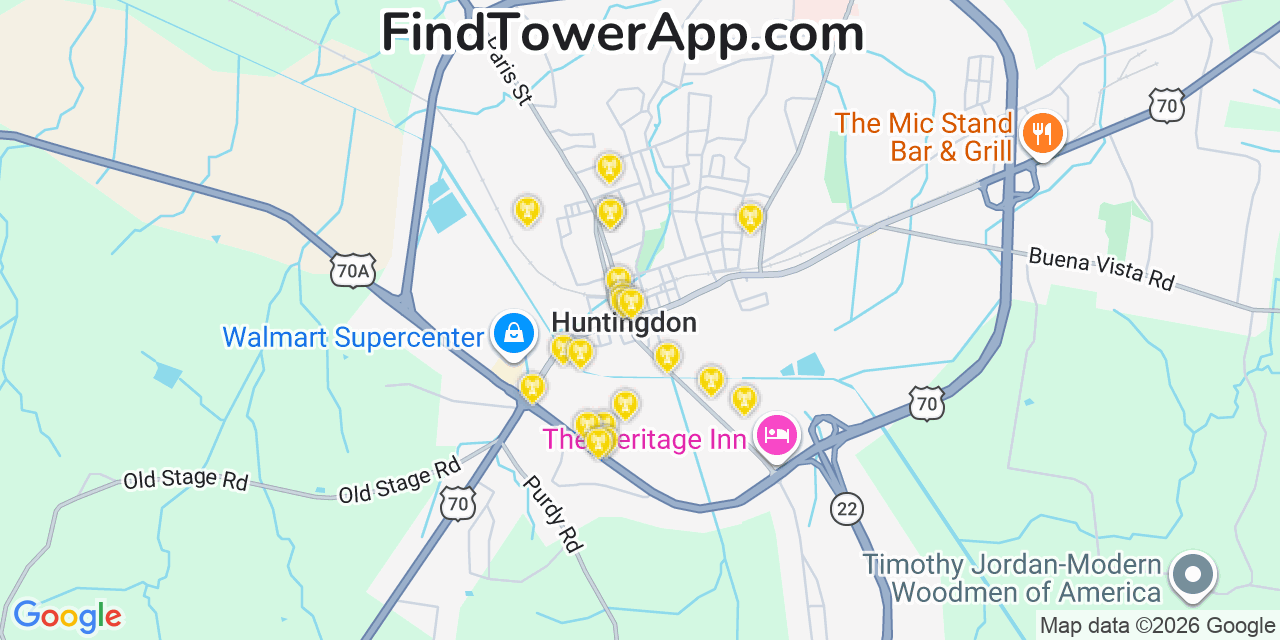 Map showing the 20 primary cell tower locations detected in Huntingdon, Tennessee from AT&T, Verizon, and T-Mobile networks
