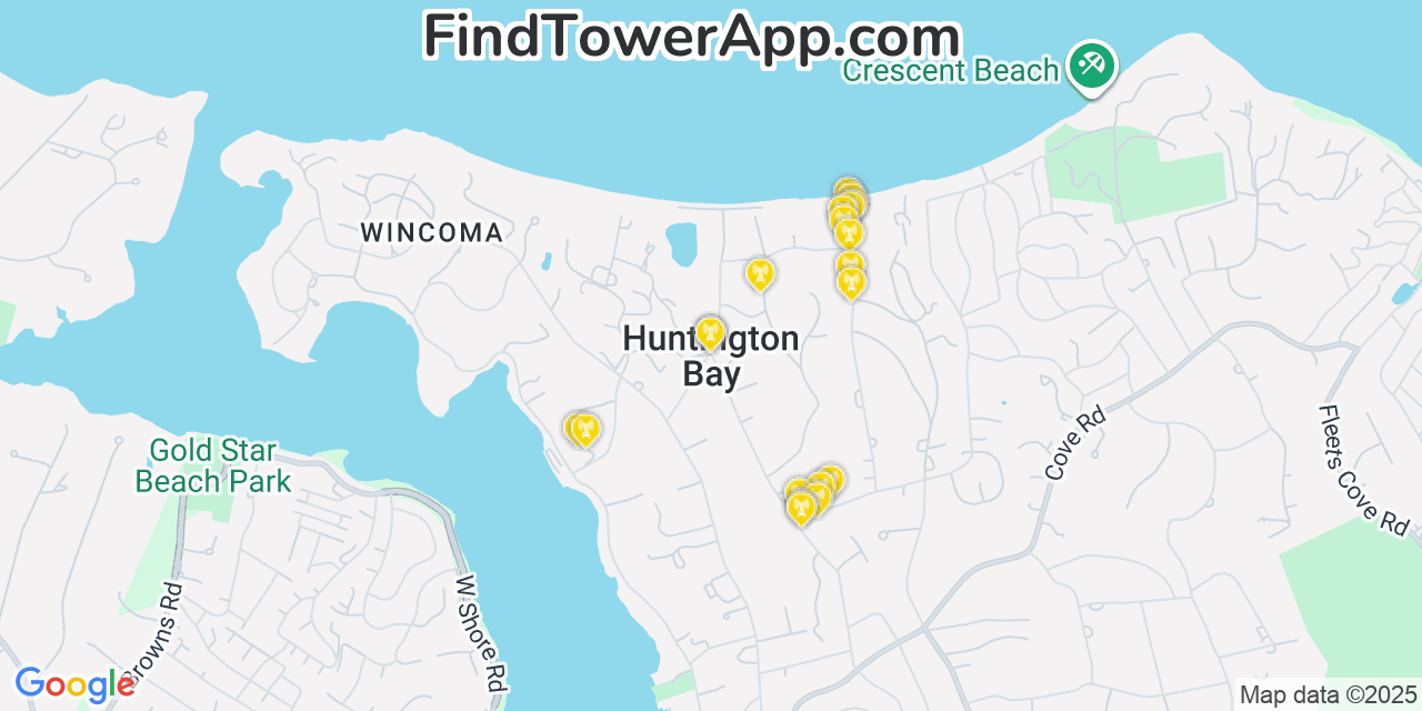 Map showing the 20 primary cell tower locations detected in Huntington Bay, New York from AT&T, Verizon, and T-Mobile networks