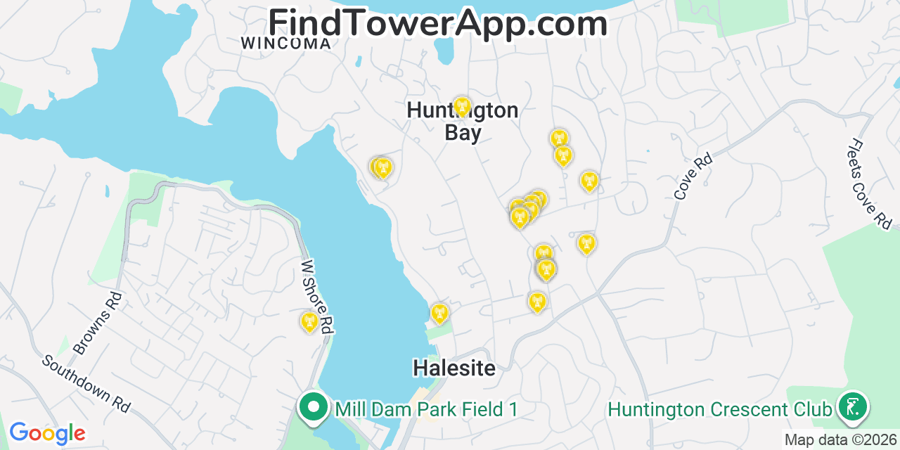 Map showing the 20 primary cell tower locations detected in Huntington Bay, New York from AT&T, Verizon, and T-Mobile networks