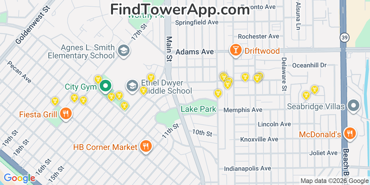 Map showing the 20 primary cell tower locations detected in Huntington Beach, California from AT&T, Verizon, and T-Mobile networks