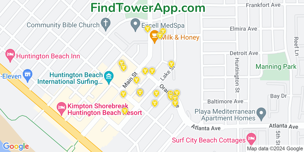 Verizon 4G/5G cell tower coverage map Huntington Beach, California