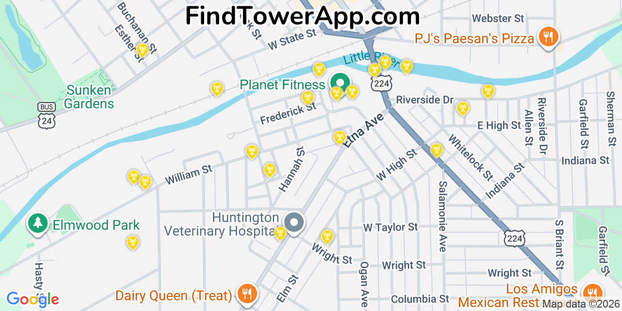 Map showing the 20 primary cell tower locations detected in Huntington, Indiana from AT&T, Verizon, and T-Mobile networks