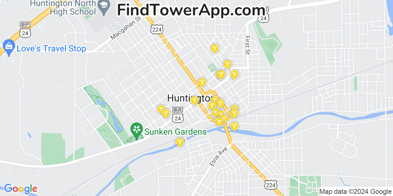 Verizon 4G/5G cell tower coverage map Huntington, Indiana