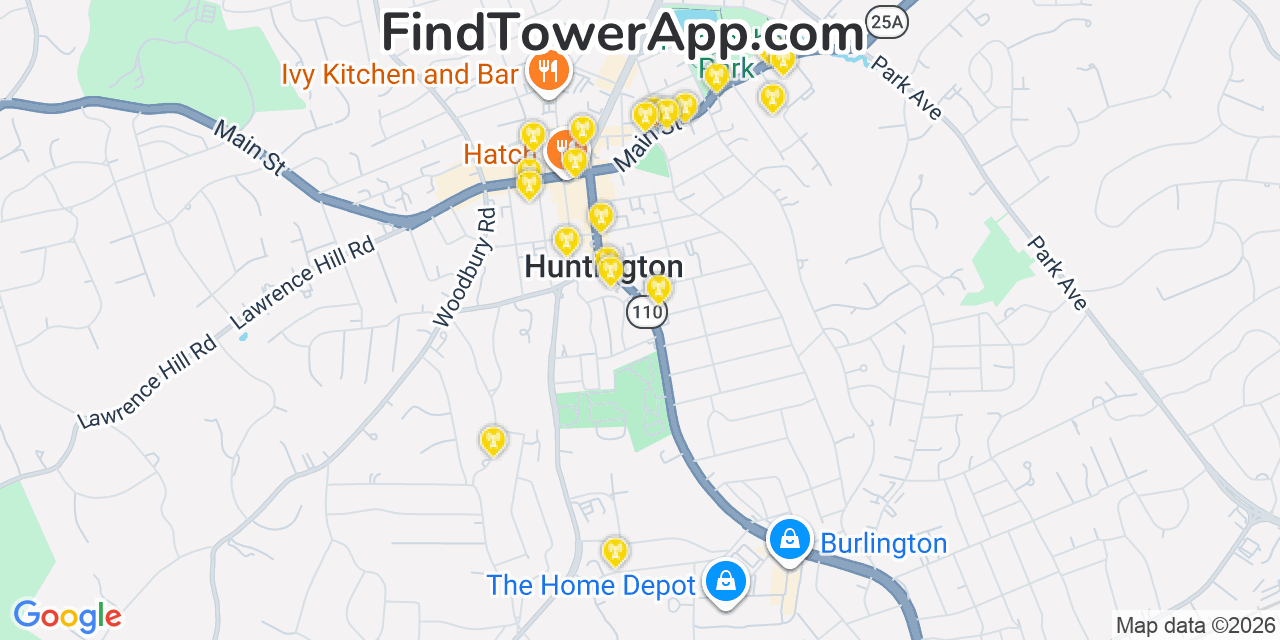 Map showing the 20 primary cell tower locations detected in Huntington, New York from AT&T, Verizon, and T-Mobile networks