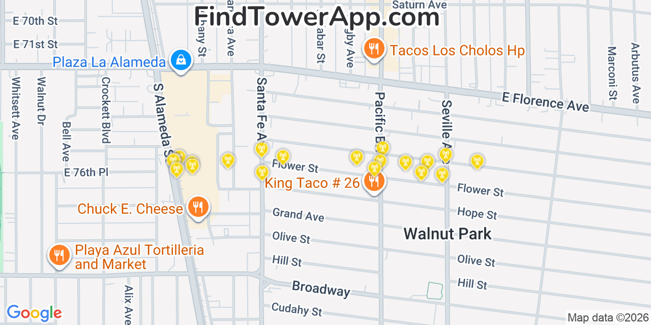 Map showing the 20 primary cell tower locations detected in Huntington Park, California from AT&T, Verizon, and T-Mobile networks