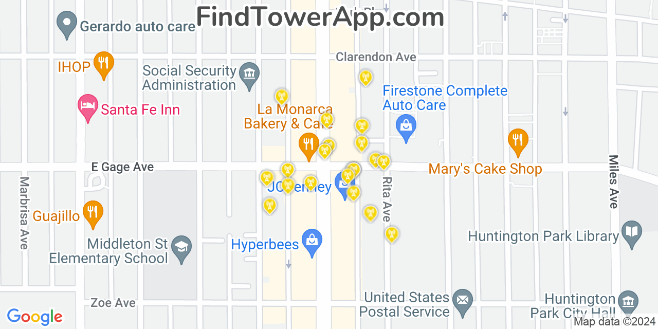 Verizon 4G/5G cell tower coverage map Huntington Park, California