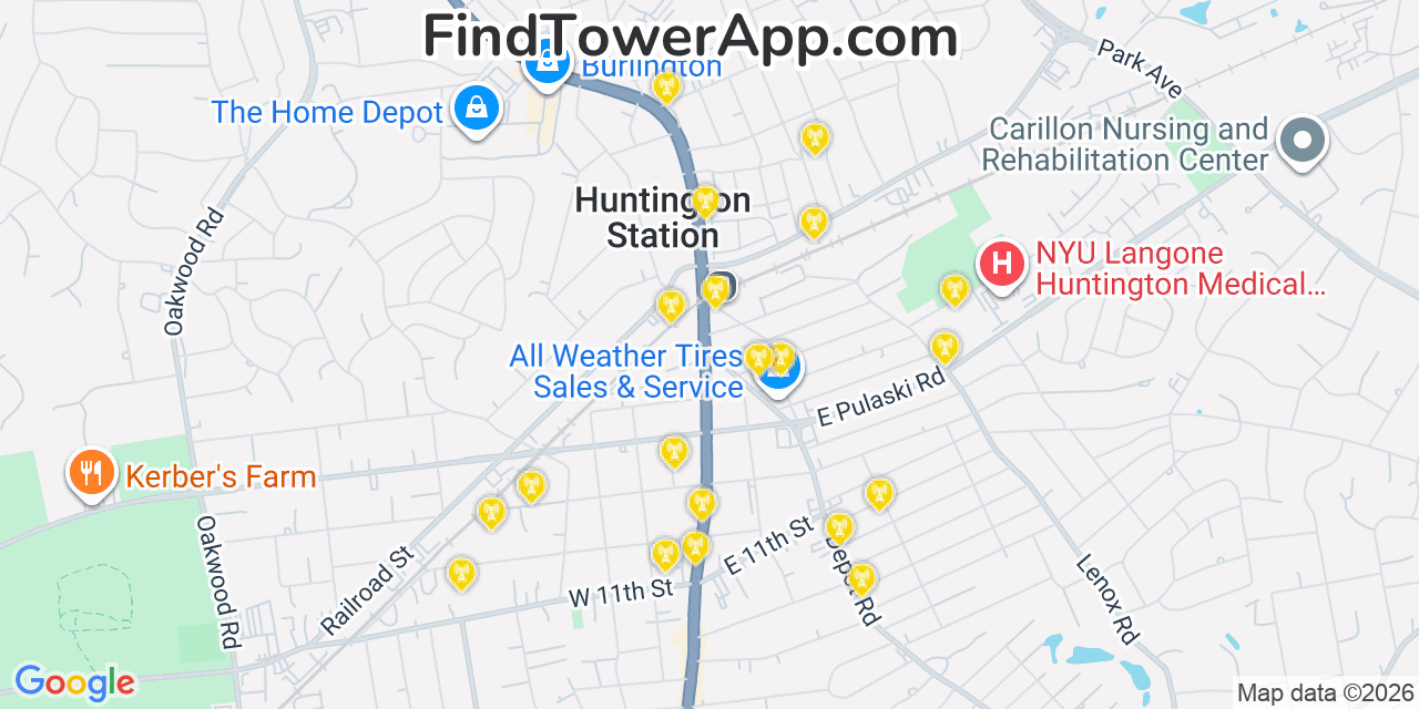Map showing the 20 primary cell tower locations detected in Huntington Station, New York from AT&T, Verizon, and T-Mobile networks