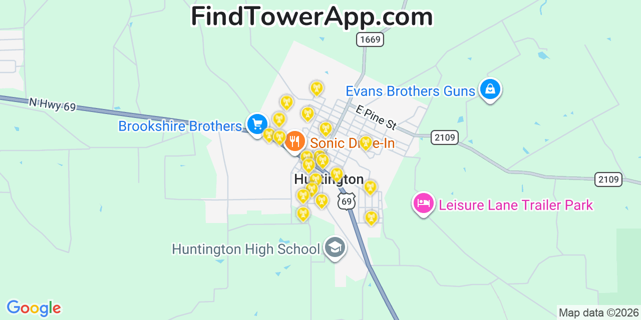 Map showing the 20 primary cell tower locations detected in Huntington, Texas from AT&T, Verizon, and T-Mobile networks