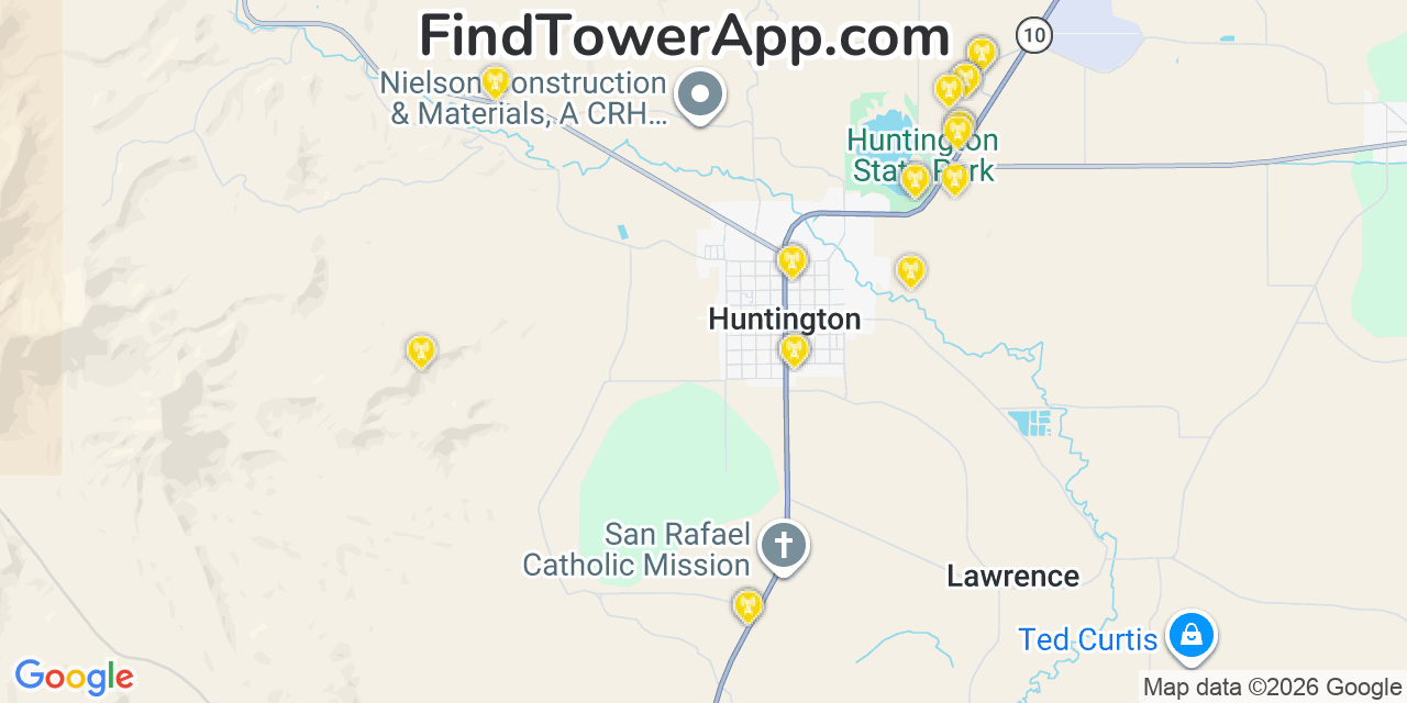 Map showing the 20 primary cell tower locations detected in Huntington, Utah from AT&T, Verizon, and T-Mobile networks
