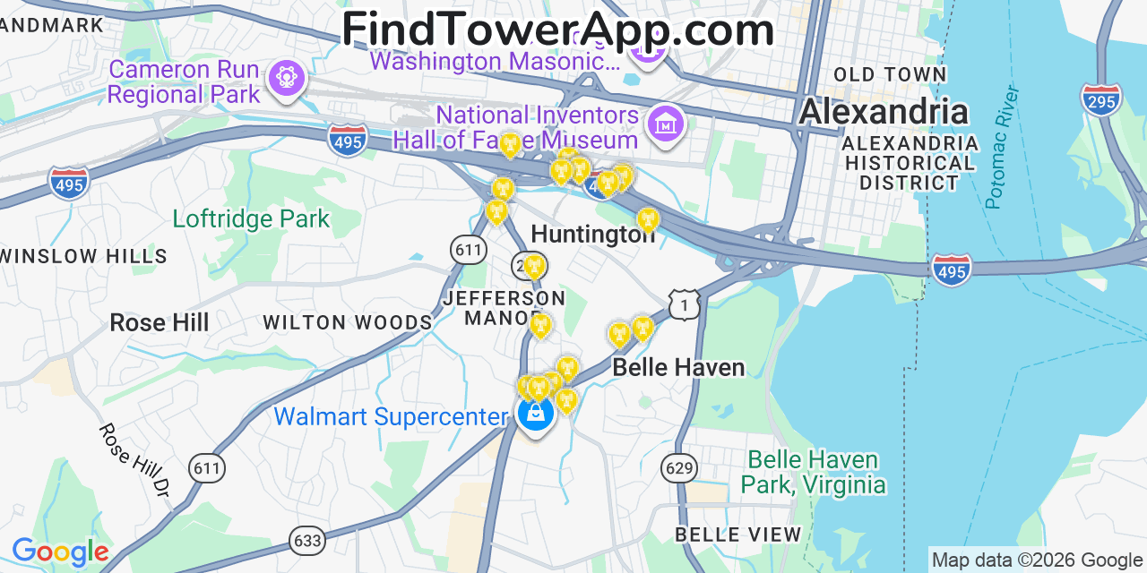 Map showing the 20 primary cell tower locations detected in Huntington, Virginia from AT&T, Verizon, and T-Mobile networks