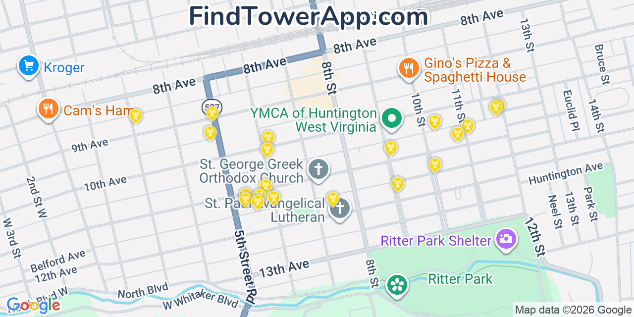Map showing the 20 primary cell tower locations detected in Huntington, West Virginia from AT&T, Verizon, and T-Mobile networks