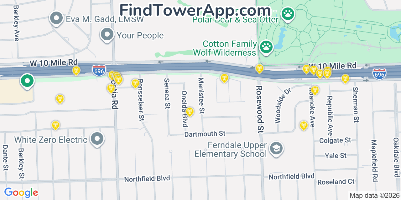 Map showing the 20 primary cell tower locations detected in Huntington Woods, Michigan from AT&T, Verizon, and T-Mobile networks