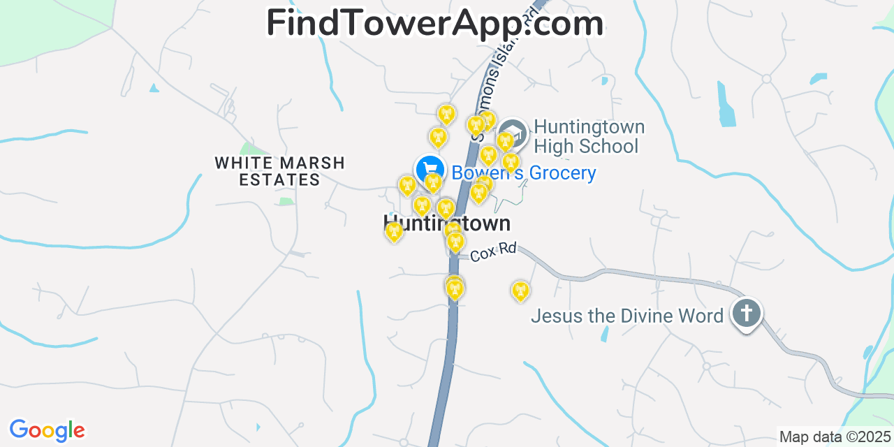 Map showing the 20 primary cell tower locations detected in Huntingtown, Maryland from AT&T, Verizon, and T-Mobile networks