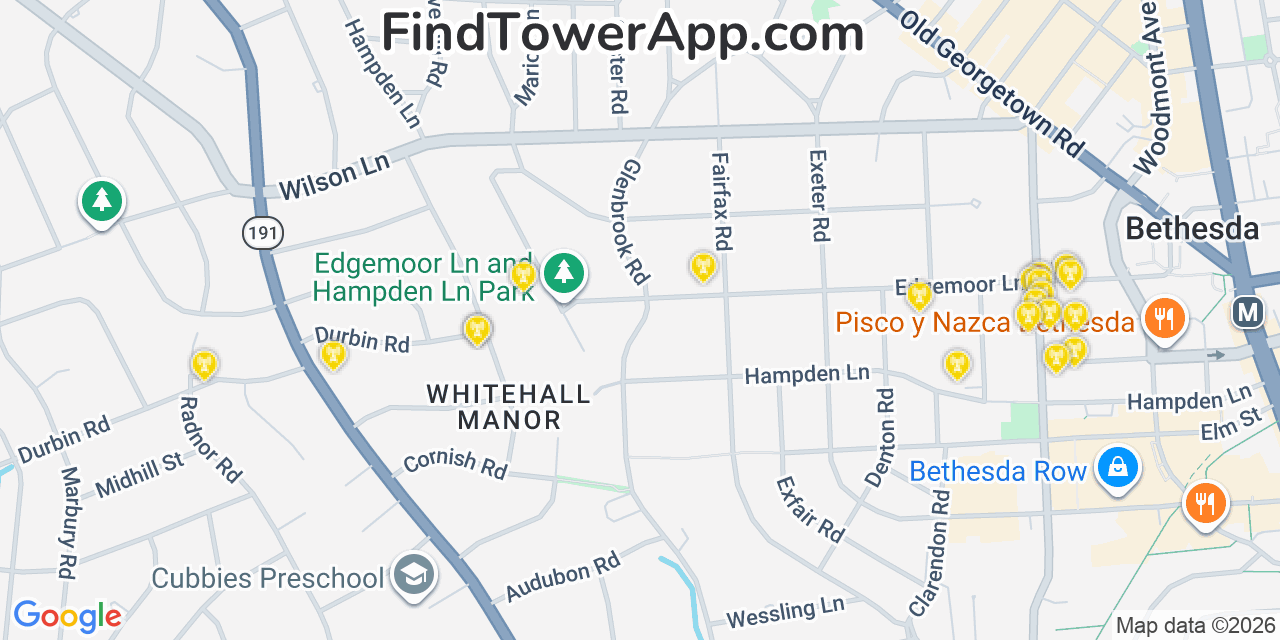 Map showing the 20 primary cell tower locations detected in Huntingtown Town Center, Maryland from AT&T, Verizon, and T-Mobile networks