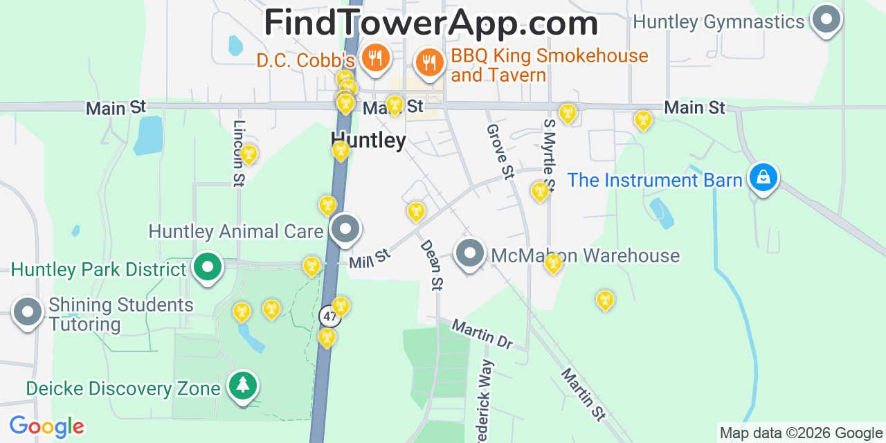Map showing the 20 primary cell tower locations detected in Huntley, Illinois from AT&T, Verizon, and T-Mobile networks