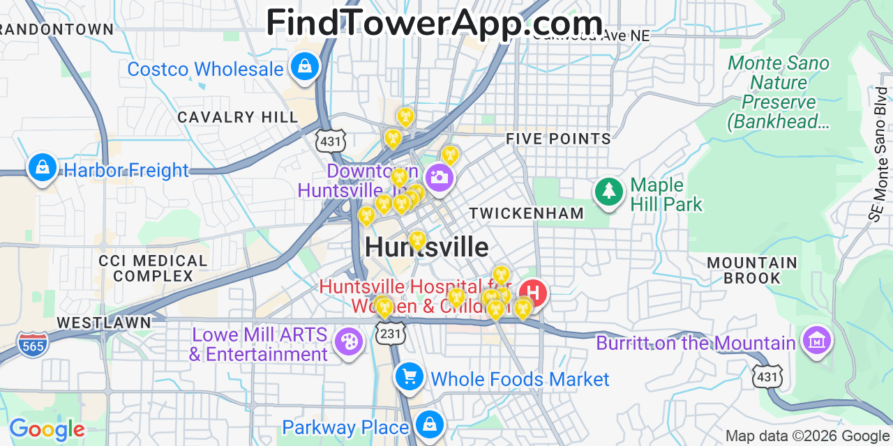 Map showing the 20 primary cell tower locations detected in Huntsville, Alabama from AT&T, Verizon, and T-Mobile networks