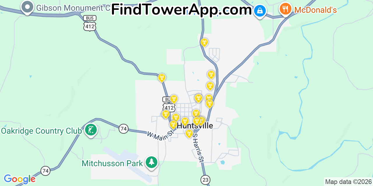 Map showing the 20 primary cell tower locations detected in Huntsville, Arkansas from AT&T, Verizon, and T-Mobile networks