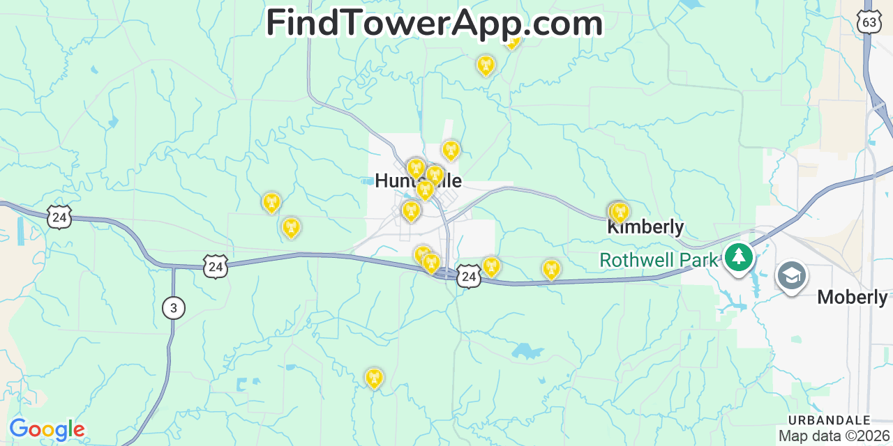 Map showing the 20 primary cell tower locations detected in Huntsville, Missouri from AT&T, Verizon, and T-Mobile networks