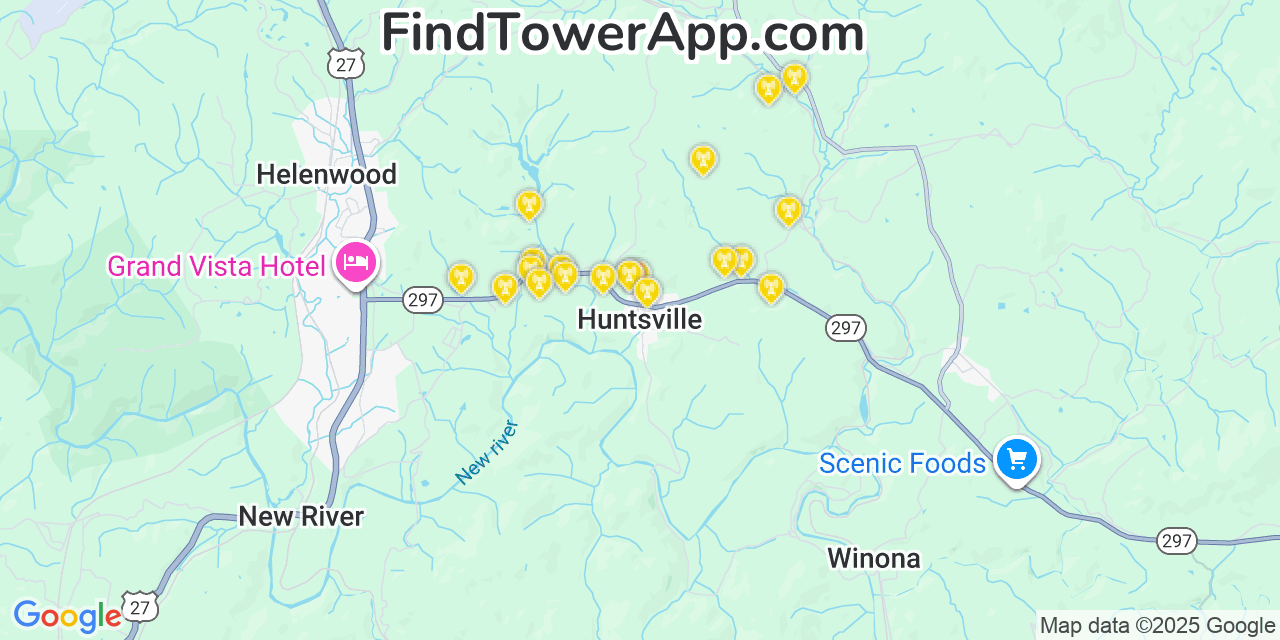 Map showing the 20 primary cell tower locations detected in Huntsville, Tennessee from AT&T, Verizon, and T-Mobile networks