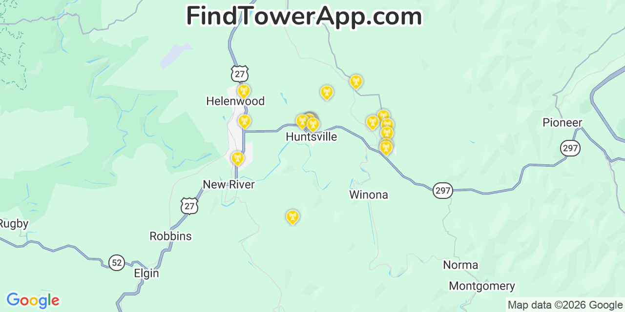 Map showing the 20 primary cell tower locations detected in Huntsville, Tennessee from AT&T, Verizon, and T-Mobile networks