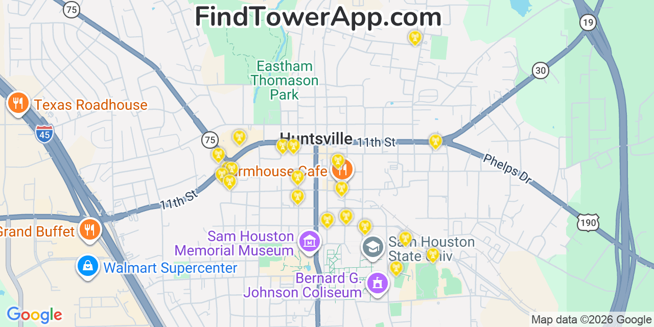 Map showing the 20 primary cell tower locations detected in Huntsville, Texas from AT&T, Verizon, and T-Mobile networks