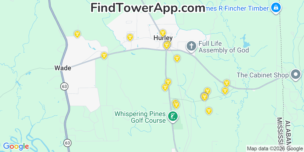 Map showing the 20 primary cell tower locations detected in Hurley, Mississippi from AT&T, Verizon, and T-Mobile networks