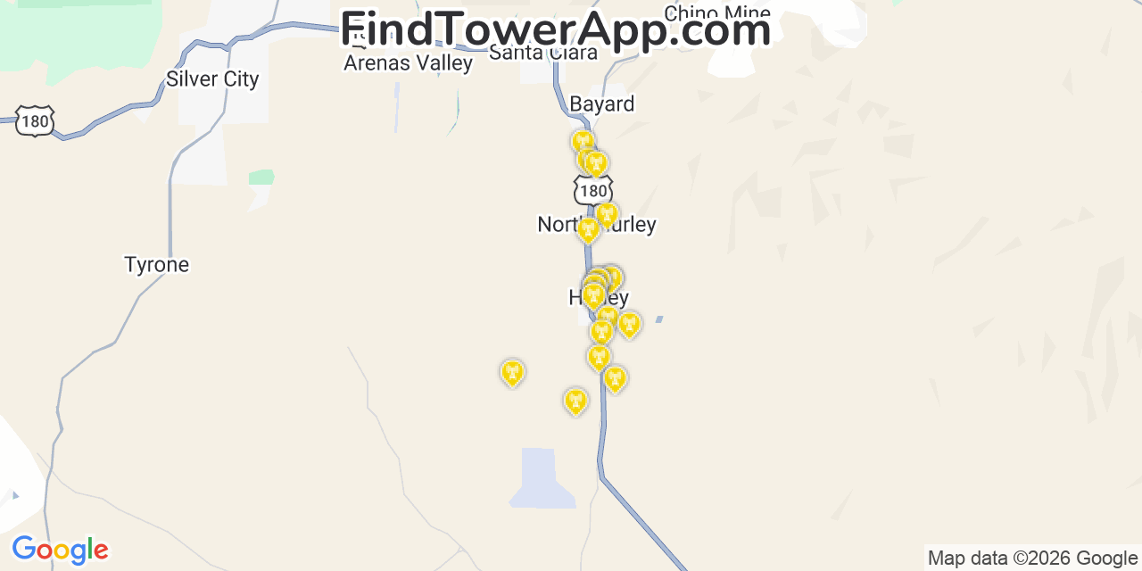 Map showing the 20 primary cell tower locations detected in Hurley, New Mexico from AT&T, Verizon, and T-Mobile networks