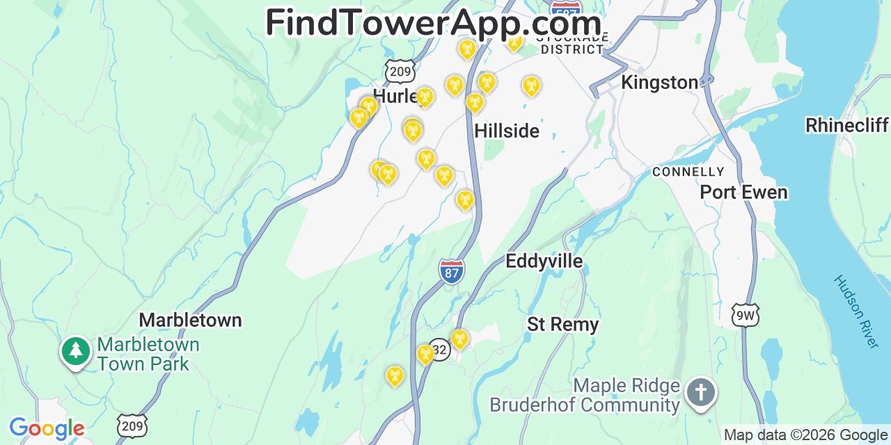 Map showing the 20 primary cell tower locations detected in Hurley, New York from AT&T, Verizon, and T-Mobile networks