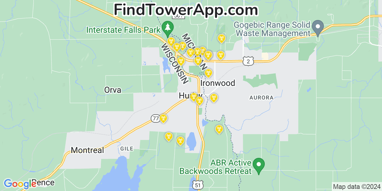 AT&T 4G/5G cell tower coverage map Hurley, Wisconsin