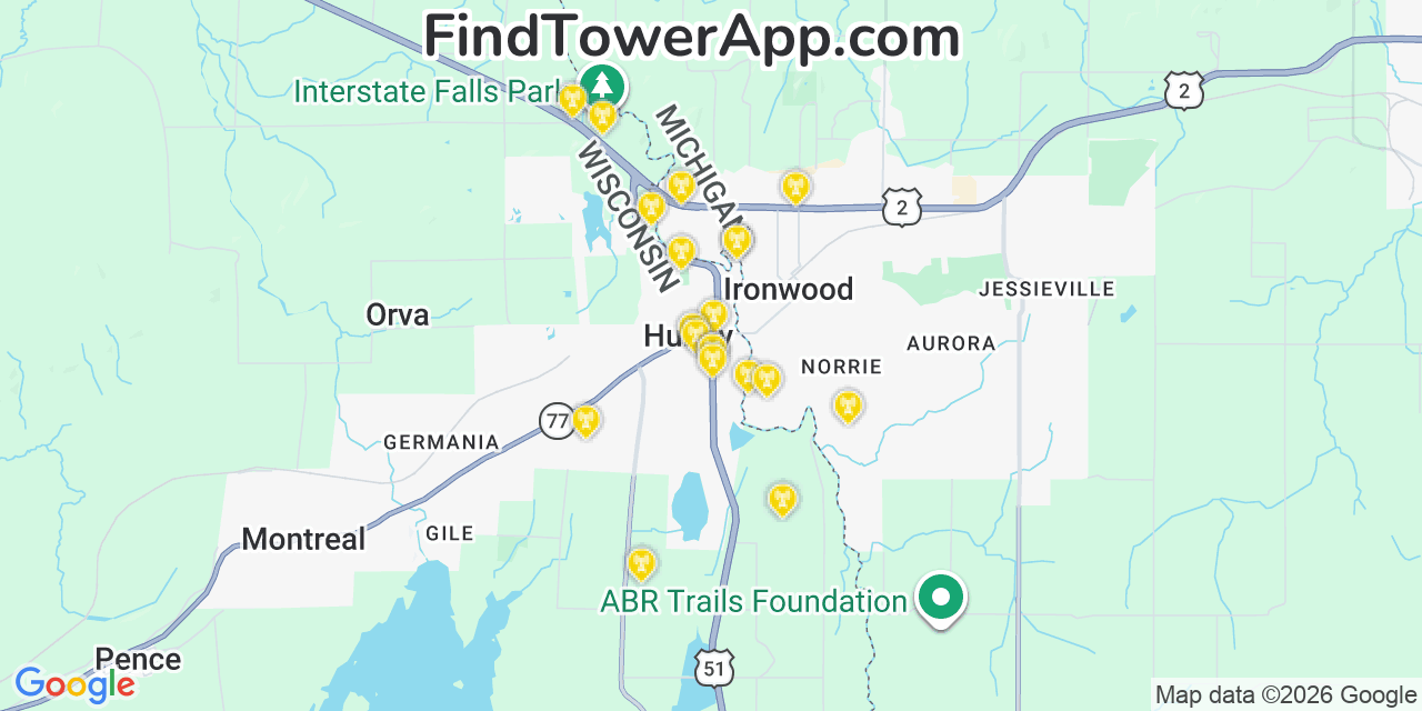 Map showing the 20 primary cell tower locations detected in Hurley, Wisconsin from AT&T, Verizon, and T-Mobile networks