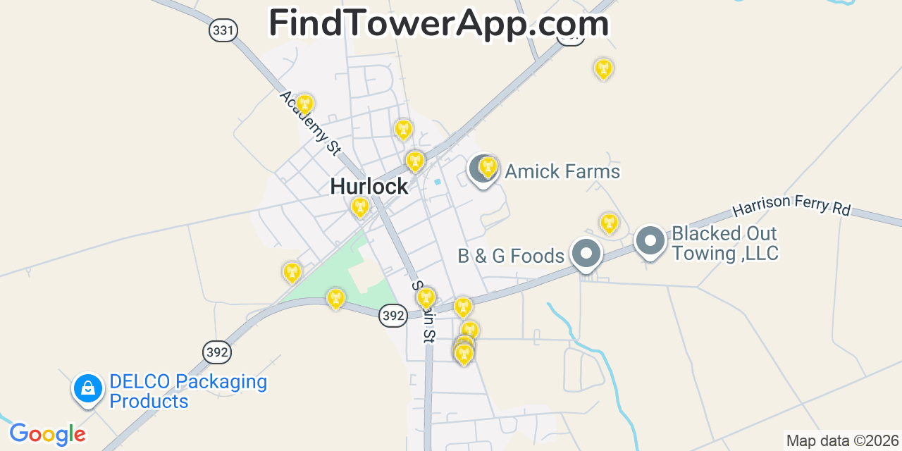 Map showing the 20 primary cell tower locations detected in Hurlock, Maryland from AT&T, Verizon, and T-Mobile networks