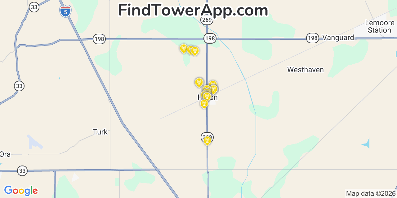 Map showing the 20 primary cell tower locations detected in Huron, California from AT&T, Verizon, and T-Mobile networks