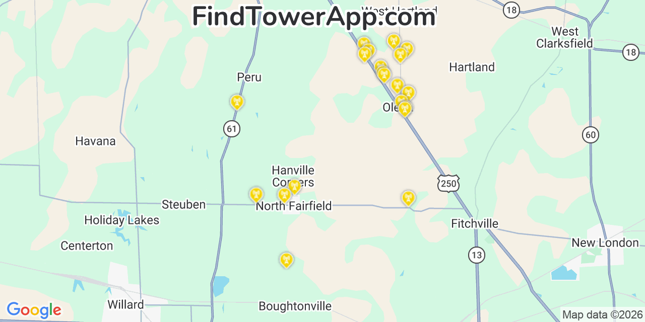 Map showing the 20 primary cell tower locations detected in Huron, Ohio from AT&T, Verizon, and T-Mobile networks