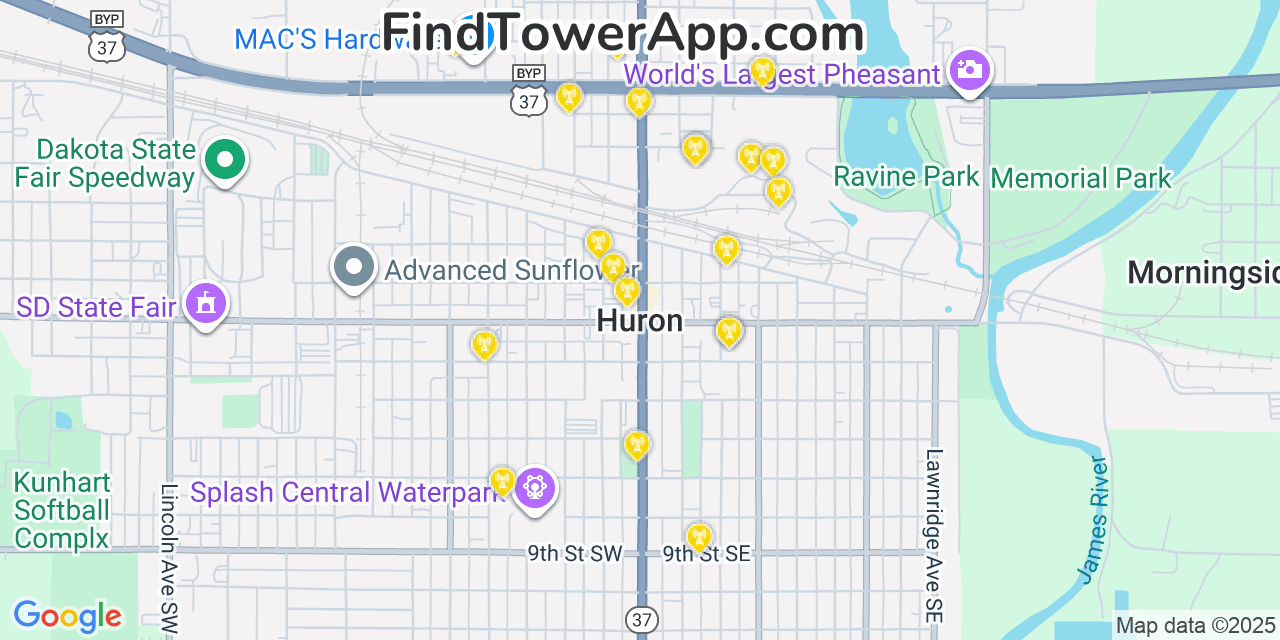 Map showing the 20 primary cell tower locations detected in Huron, South Dakota from AT&T, Verizon, and T-Mobile networks